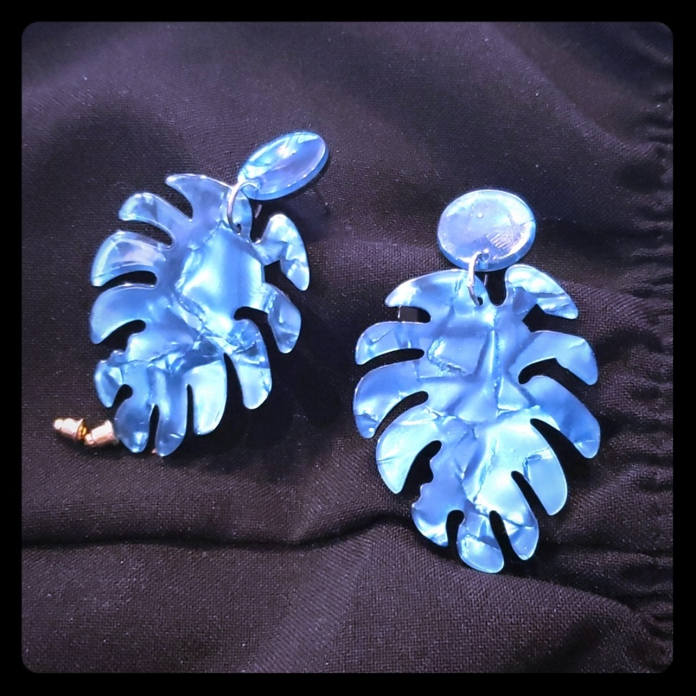 Blue leaf dangle earrings handmade statement